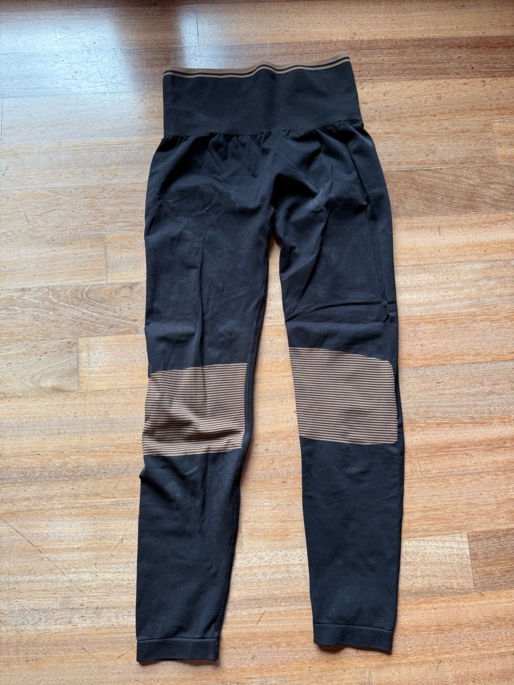 OG Maui brand Olympia Activewear Black Leggings with Brown Striped Knee Panels
